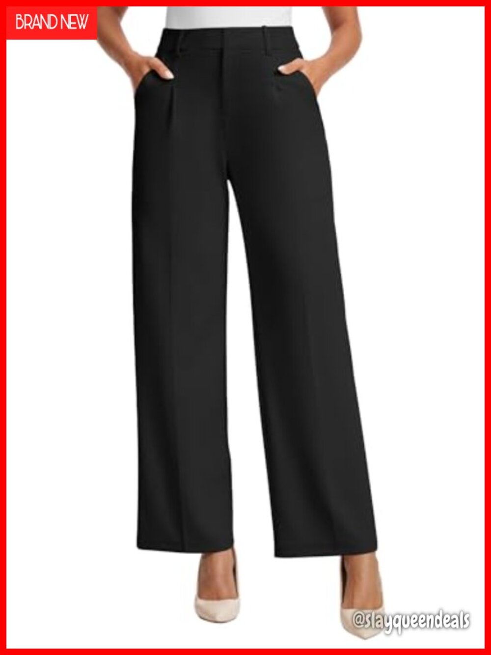 Women's High Waisted Wide Leg Stretch Work Dress Pants with Pleats & Pockets